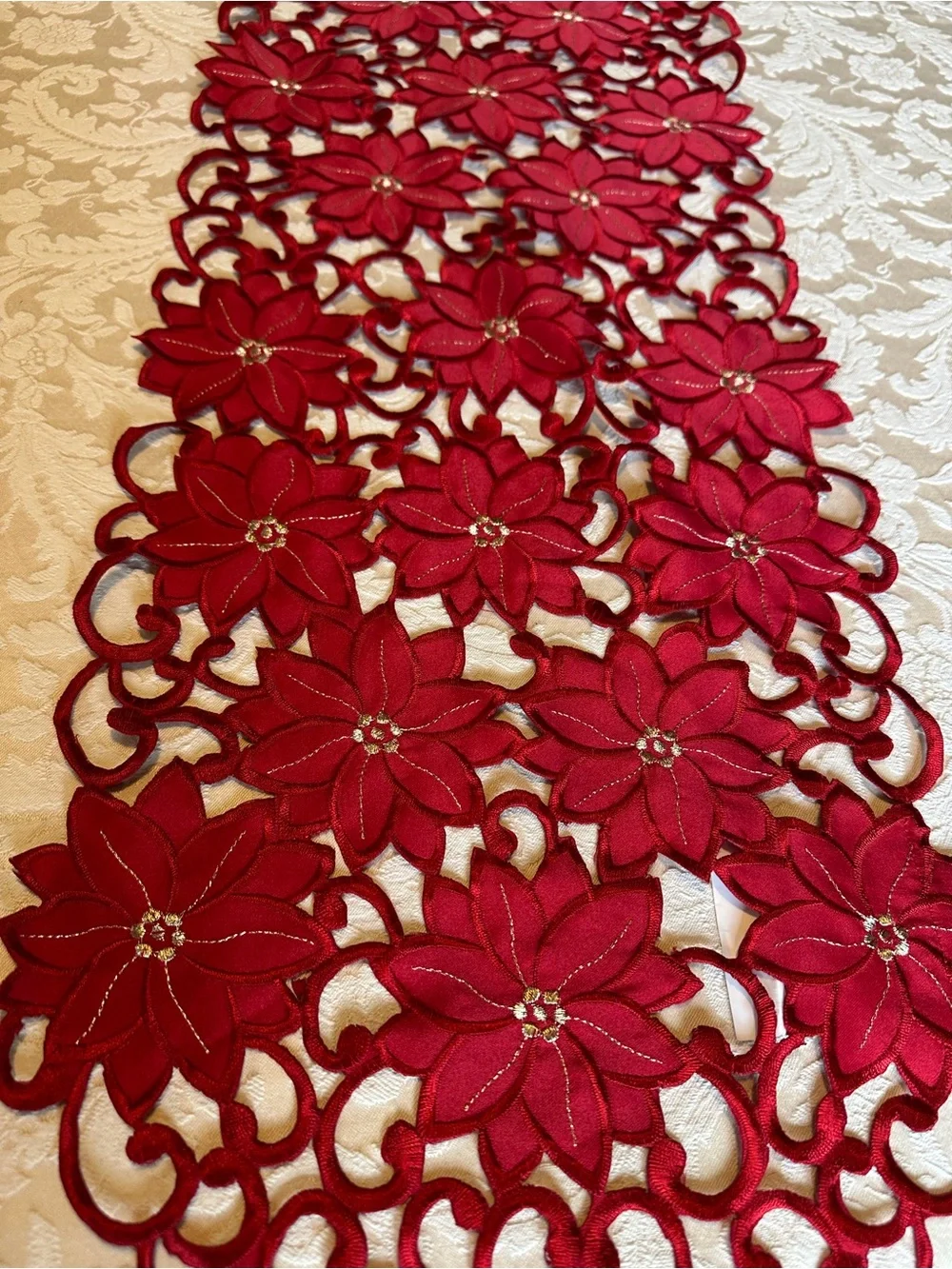 Collections Etc Christmas Table Runner Red Embroidered Poinsettia Cutout 69”